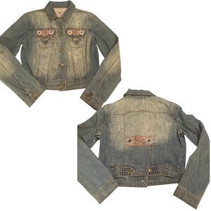 Y2K Cache Blue Denim Jean Jacket Embroidered Beaded Stretch sz S distressed